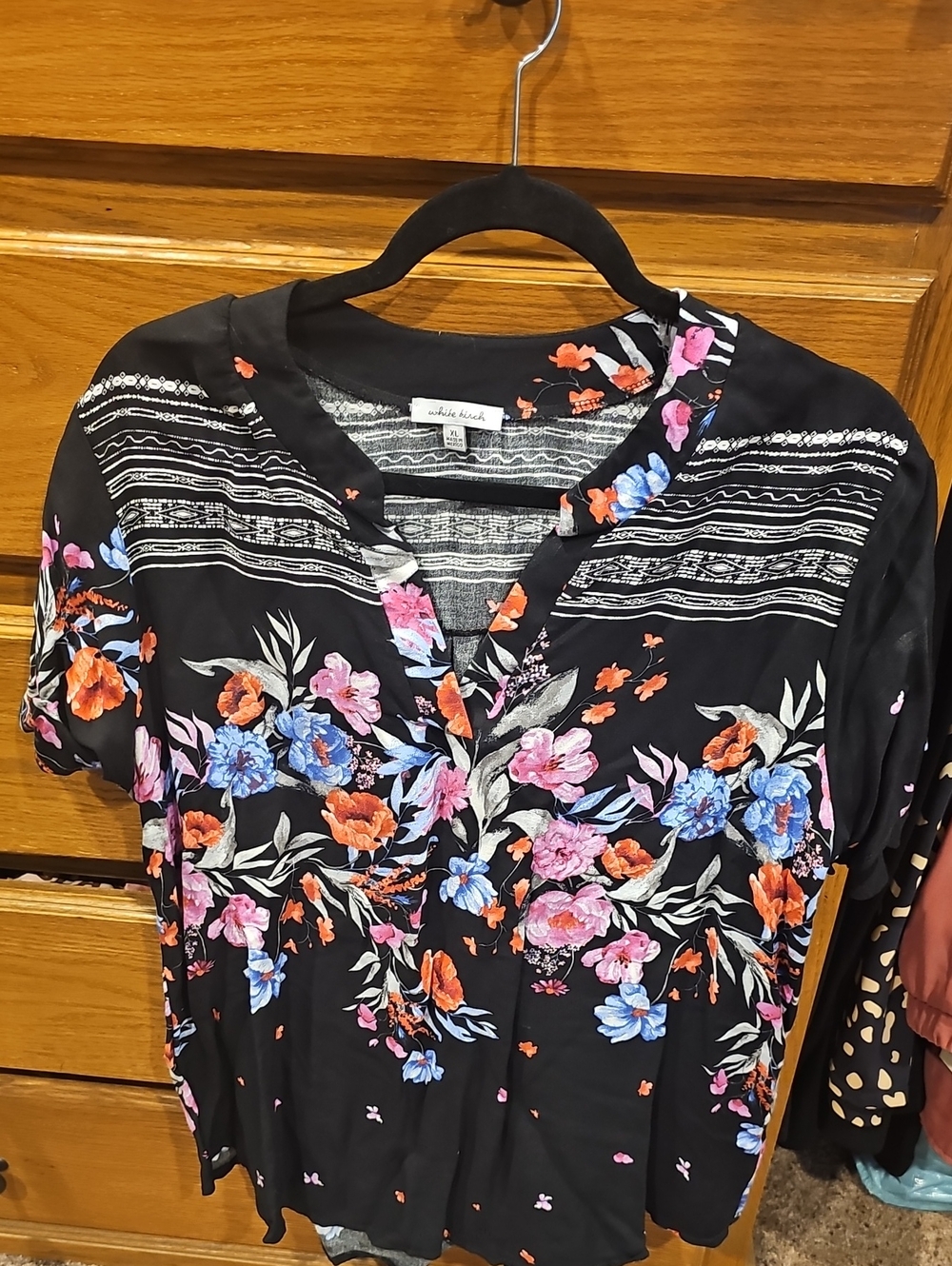 white birch Black Floral V-Neck Blouse with Pink, Blue & Orange Blooms